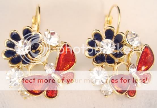 18K GOLD FILL USE CLEAR SWAROVSKI CRYSTAL BLUE RED FLOWER BUTTERFLY 