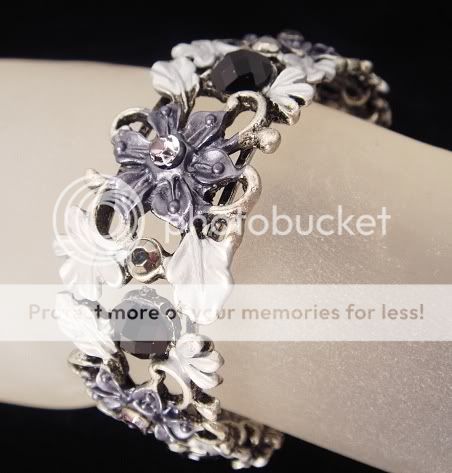 SMOKEY CRYSTAL BLACK BEAD VINTAGE STYLE FLORAL LEAF CUFF BRACELET FIOJ 